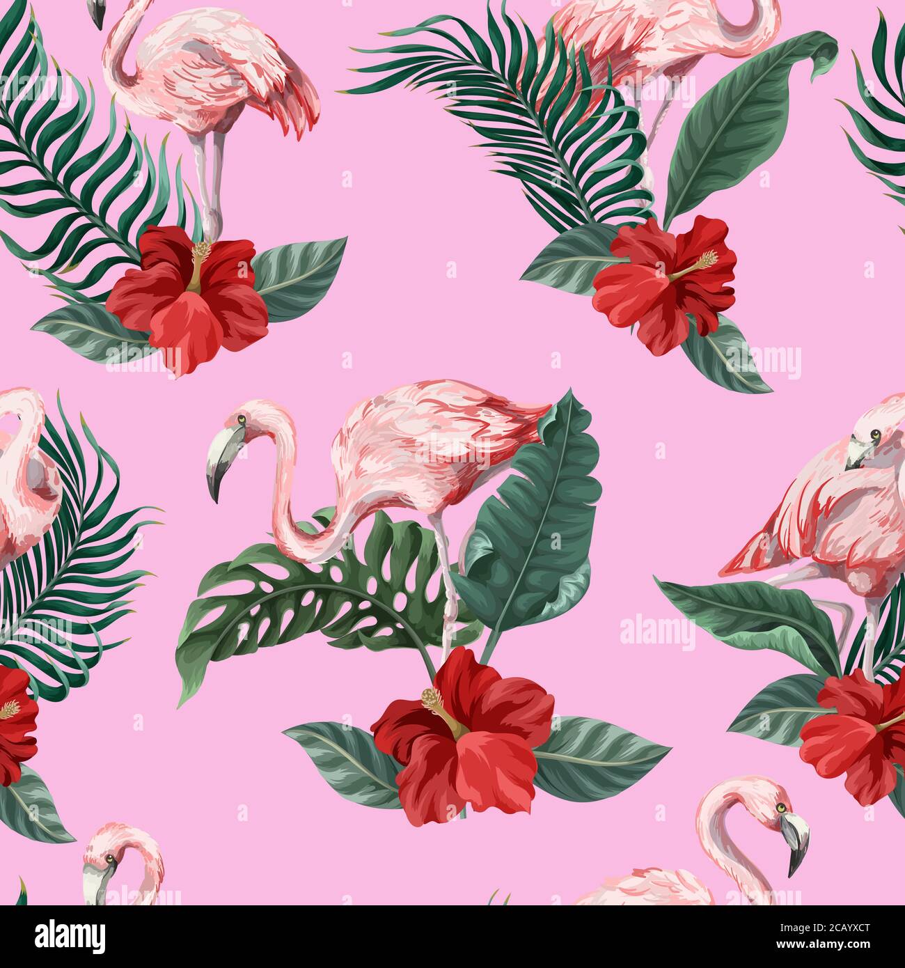 Motif sans couture avec flamants roses, fleurs et jungle. Vecteur. Illustration de Vecteur