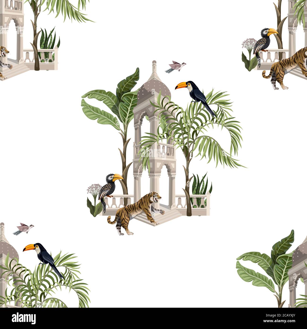 Motif sans couture avec l'ancien arbre et les animaux sauvages dans la jungle. Vecteur. Illustration de Vecteur