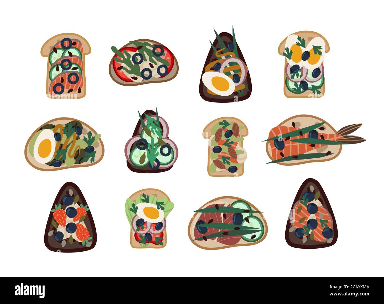 Ensemble de sandwichs. Des aliments sains à partir de produits naturels. Illustration à plat de dessin animé vectoriel. Illustration de Vecteur