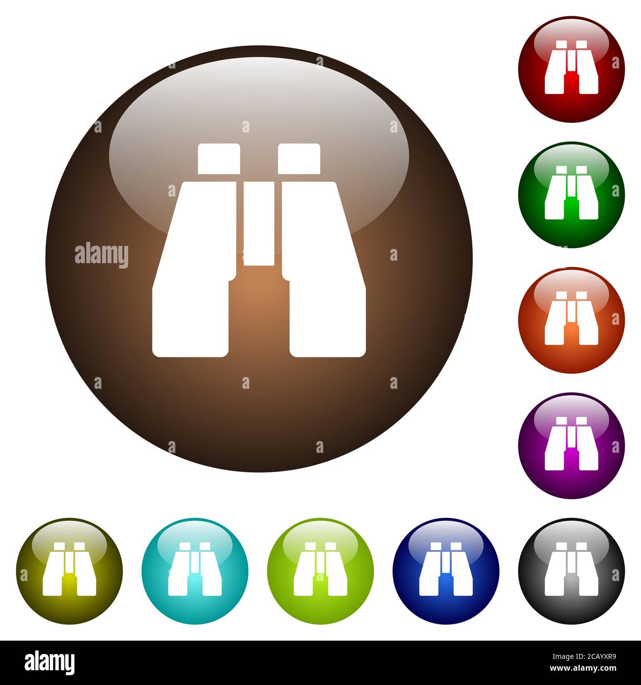 Jumelles icônes blanches sur boutons ronds en verre de couleur Illustration de Vecteur