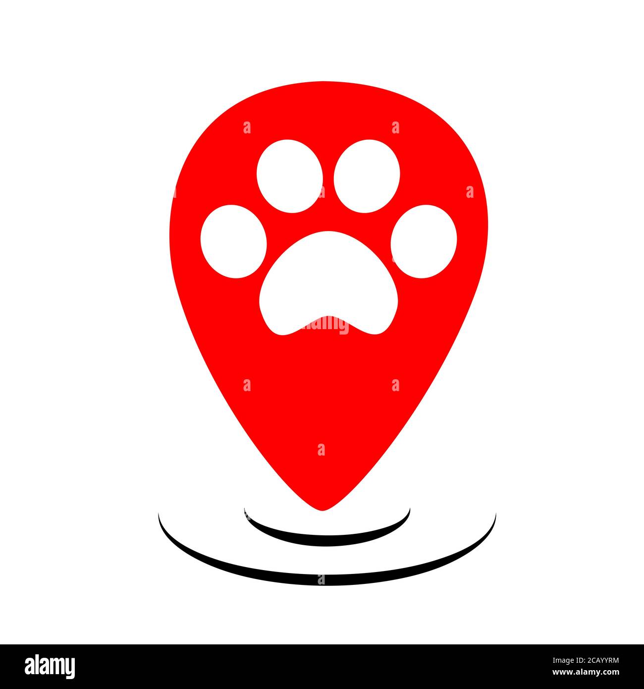 Logo gps pour animaux de compagnie plats rouges. Paw sur vecteur de marqueur de carte. La marche des animaux prend soin de la position de l'emplacement. Panneau de navigation pour l'application Web pour animaux de compagnie. Joli chien heureux. Illustration de Vecteur