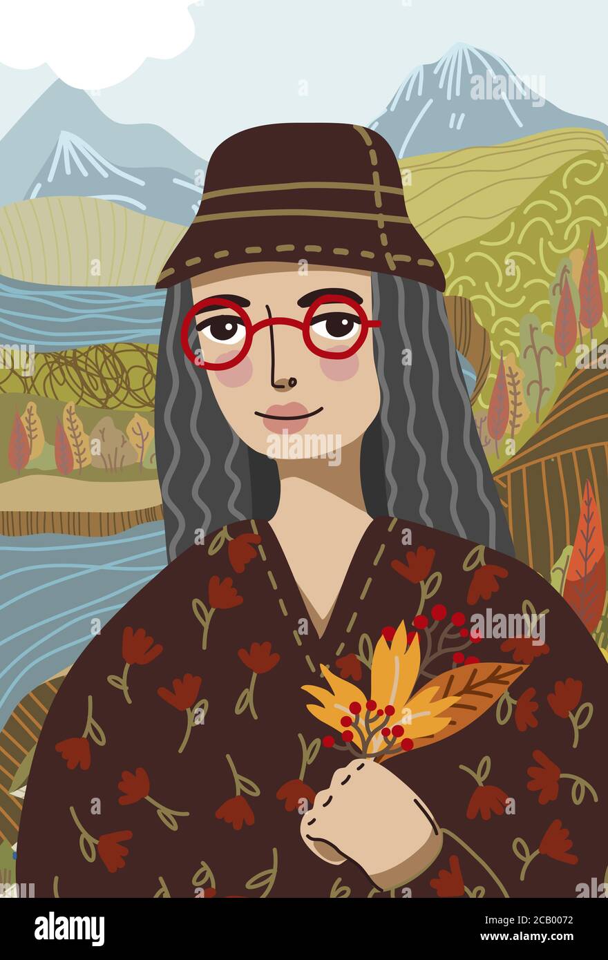 Gioconda dans un style graphique moderne, portant des lunettes rouges. Dans ses mains, il y a des feuilles d'automne et une brosse de baies de rowan. Derrière elle se trouve une montagne Illustration de Vecteur