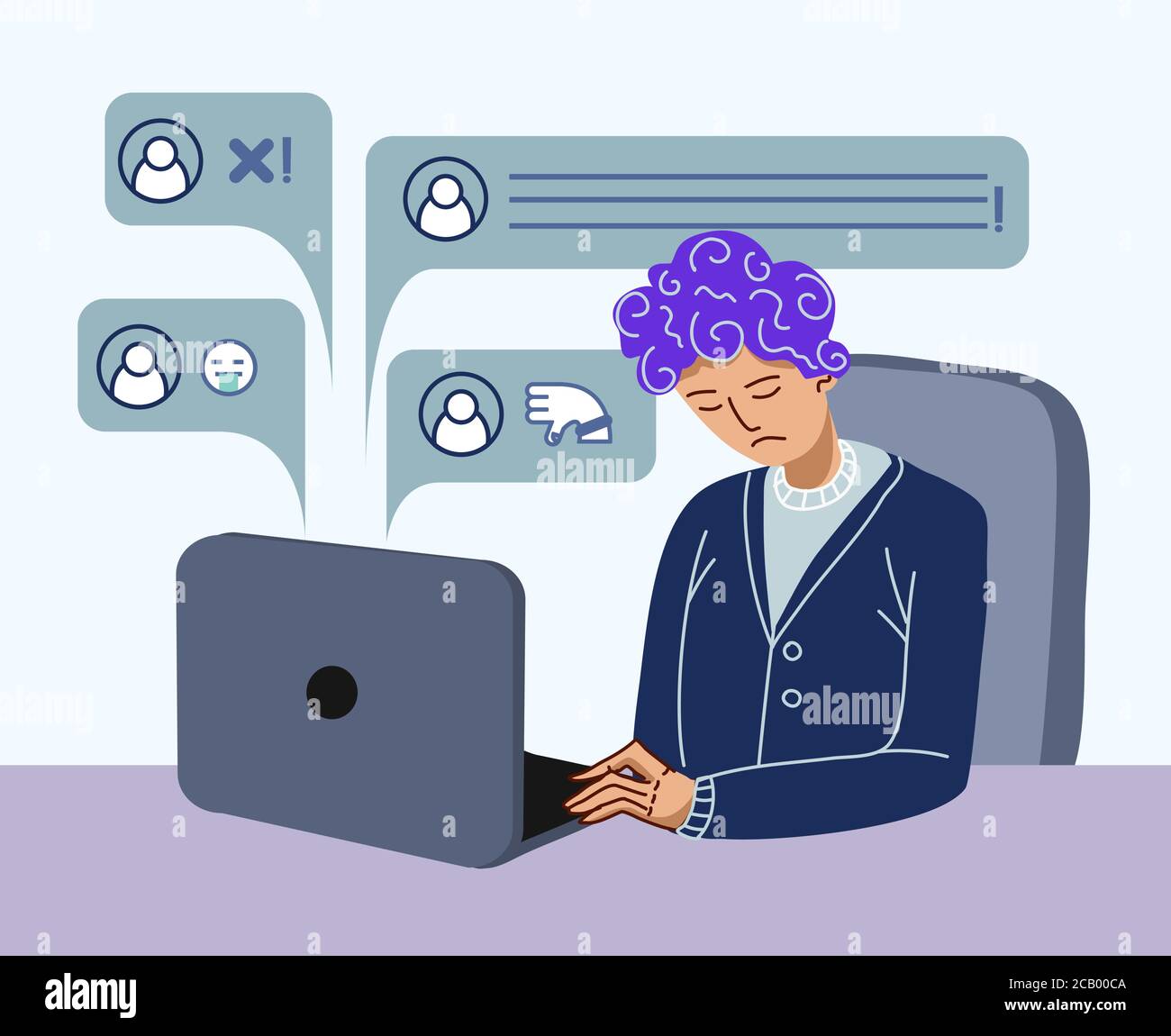 Intimidation sur le net. Le gars est assis à l'ordinateur et obtient de mauvais commentaires. Illustration à plat de dessin animé vectoriel. Illustration de Vecteur