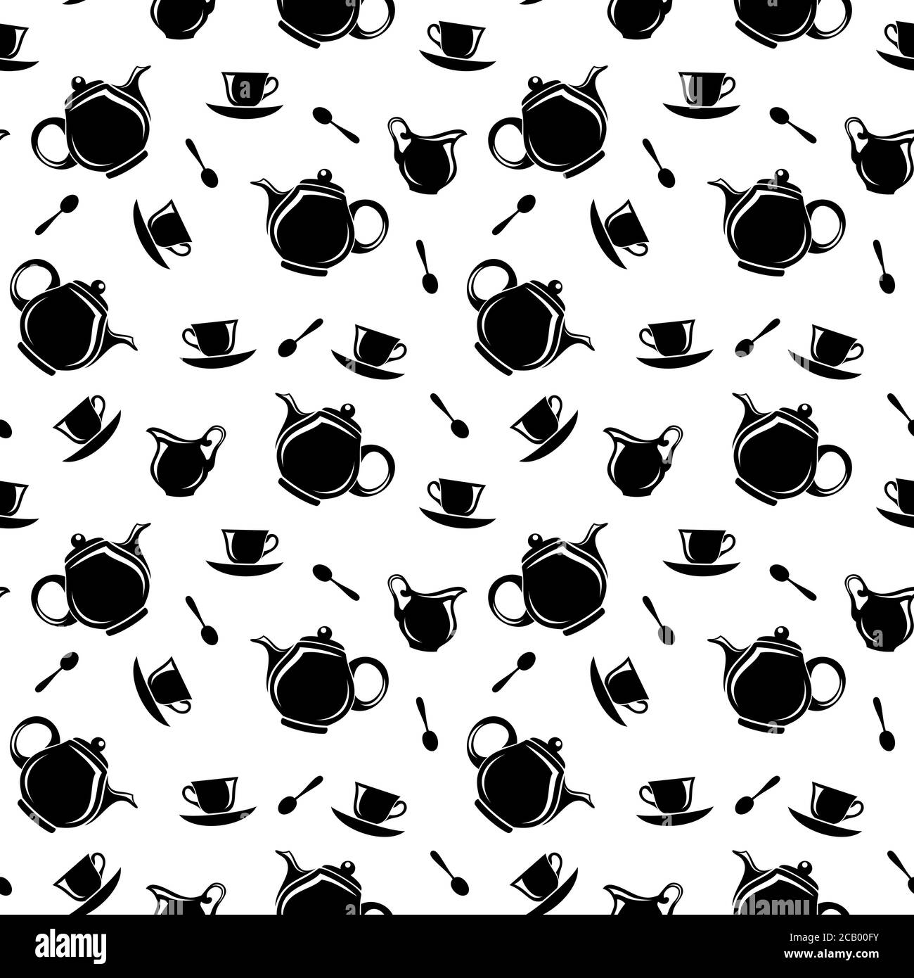 Motif noir et blanc sans couture vectoriel avec silhouettes de théières, tasses, cuillères et tasses à lait. Illustration de Vecteur