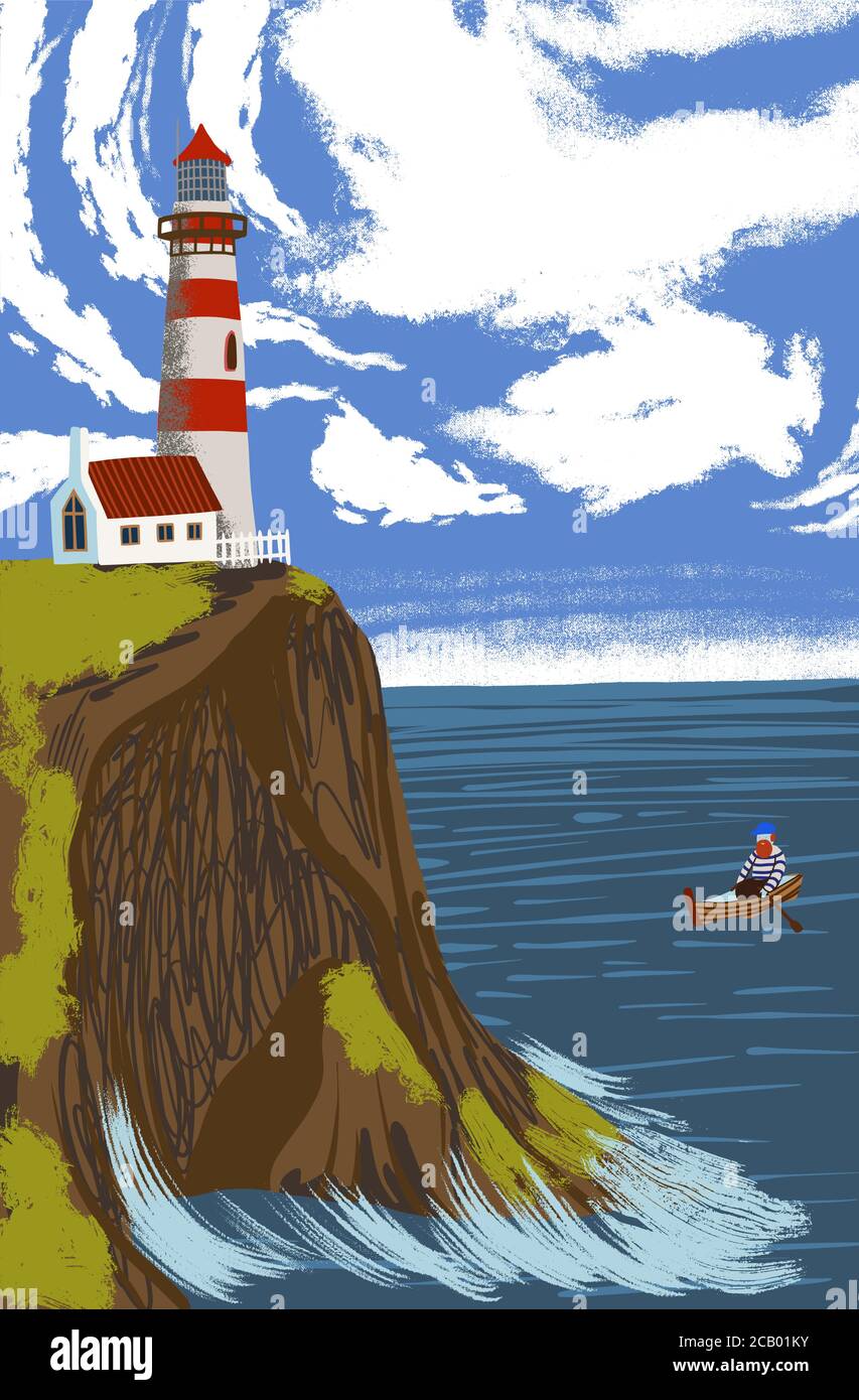 Paysage de mer avec un phare et un bateau. Phare blanc avec bandes rouges et toit. Carte de vacances. Illustration de Vecteur