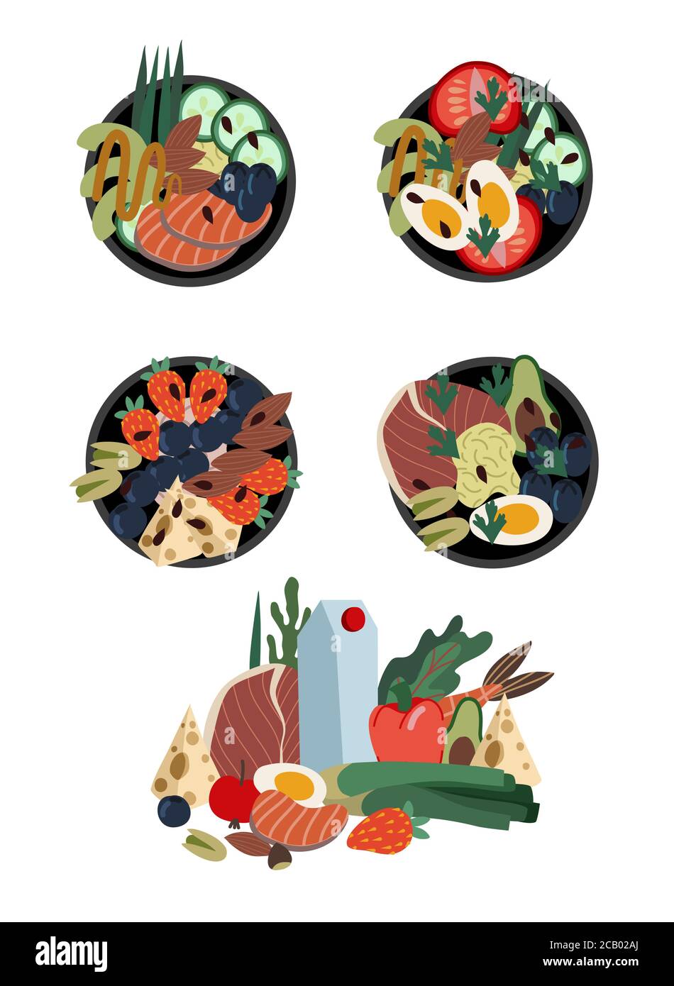 Jeu de poke-bols. Des aliments sains à partir de produits naturels. Illustration à plat de dessin animé vectoriel. Illustration de Vecteur