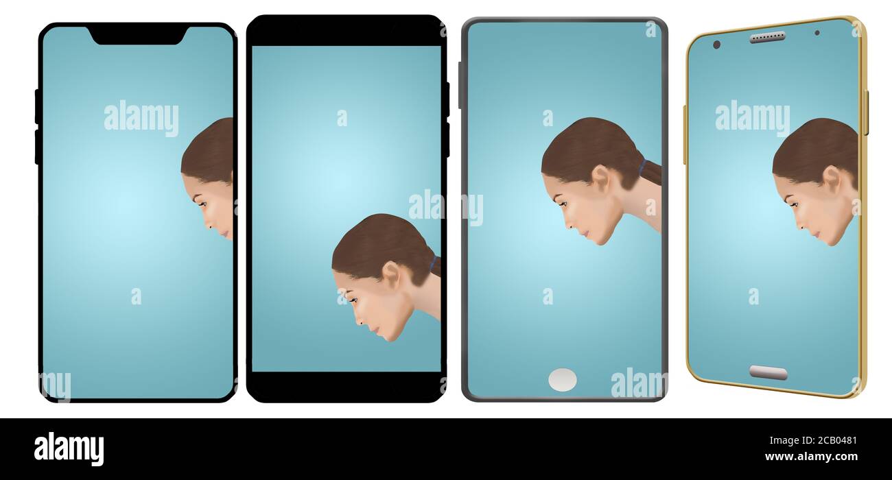 Une jeune fille est vue sur quatre écrans de téléphone cellulaire dans cette illustration au sujet des autoportraits, également connu sous le nom de selfies. Banque D'Images