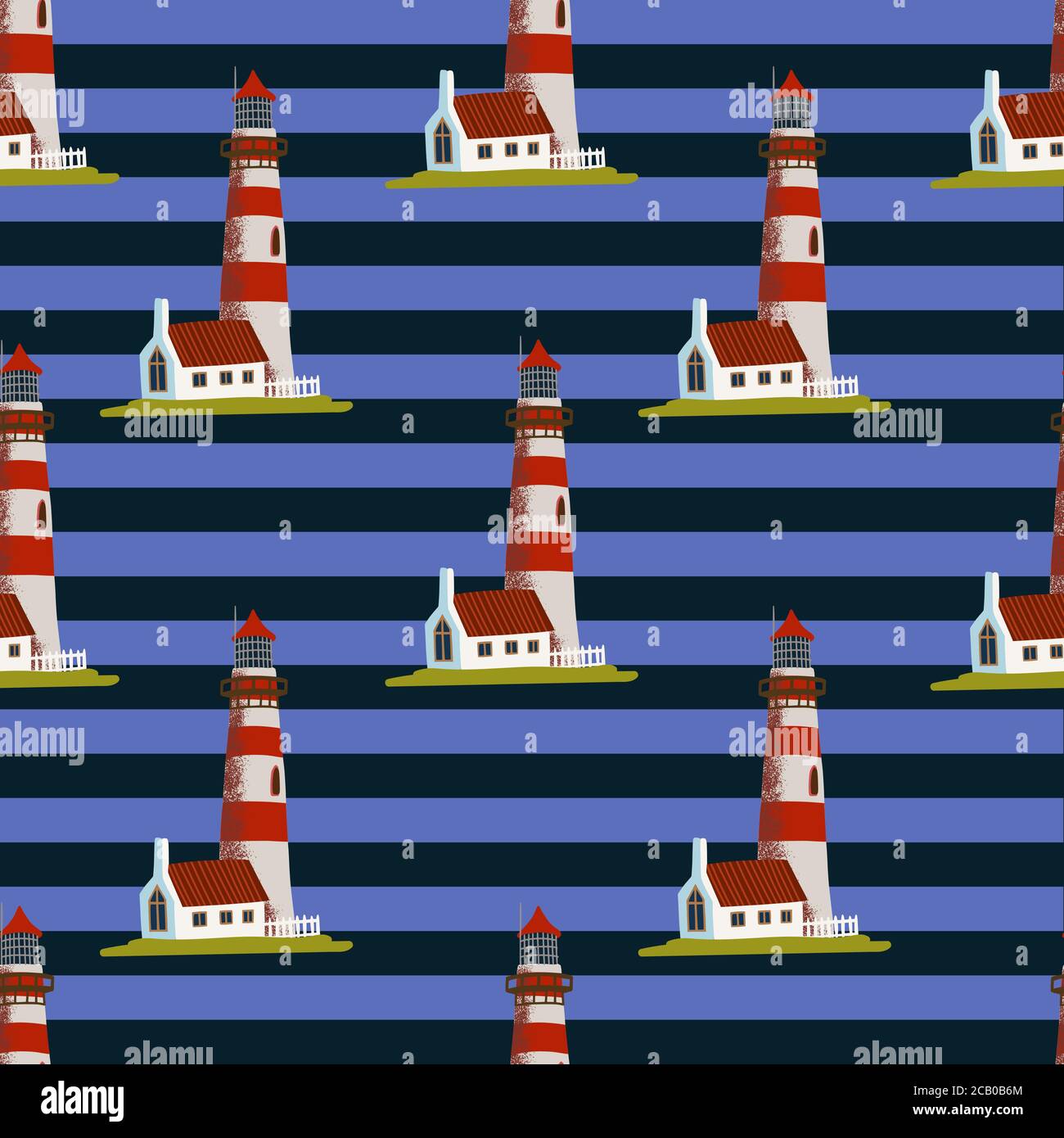 Phare de mer sur fond bleu avec bandes horizontales noires. Phare bâtiment lumineux avec détails rouges. Motif simple pour une conception plate, ou Illustration de Vecteur