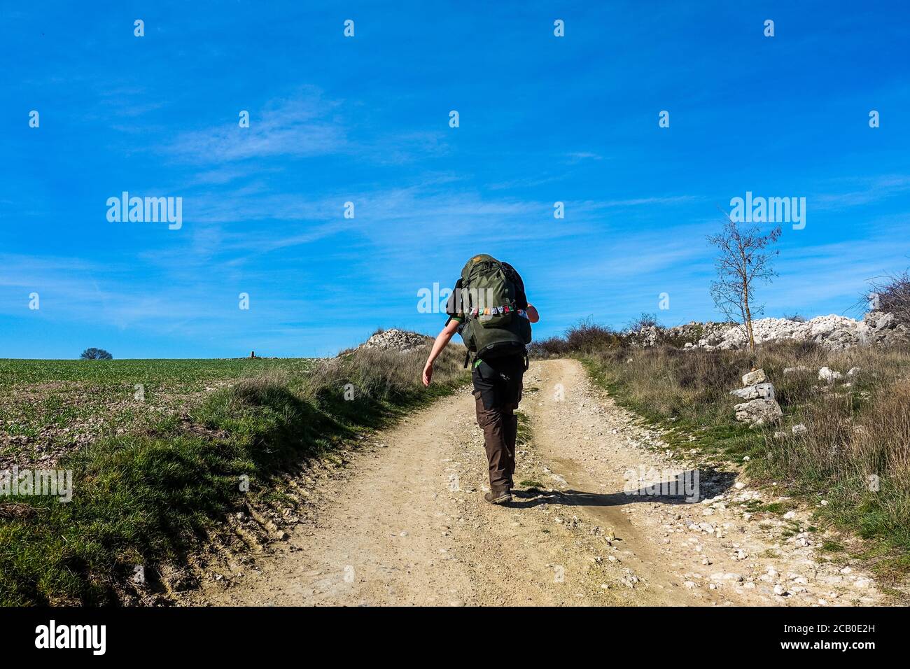 L'homme marche jusqu'aux champs - la voie française de "Camino de Santiago" en hiver. Pèlerinages sur leur voyage à travers l'Espagne. 2020 Banque D'Images