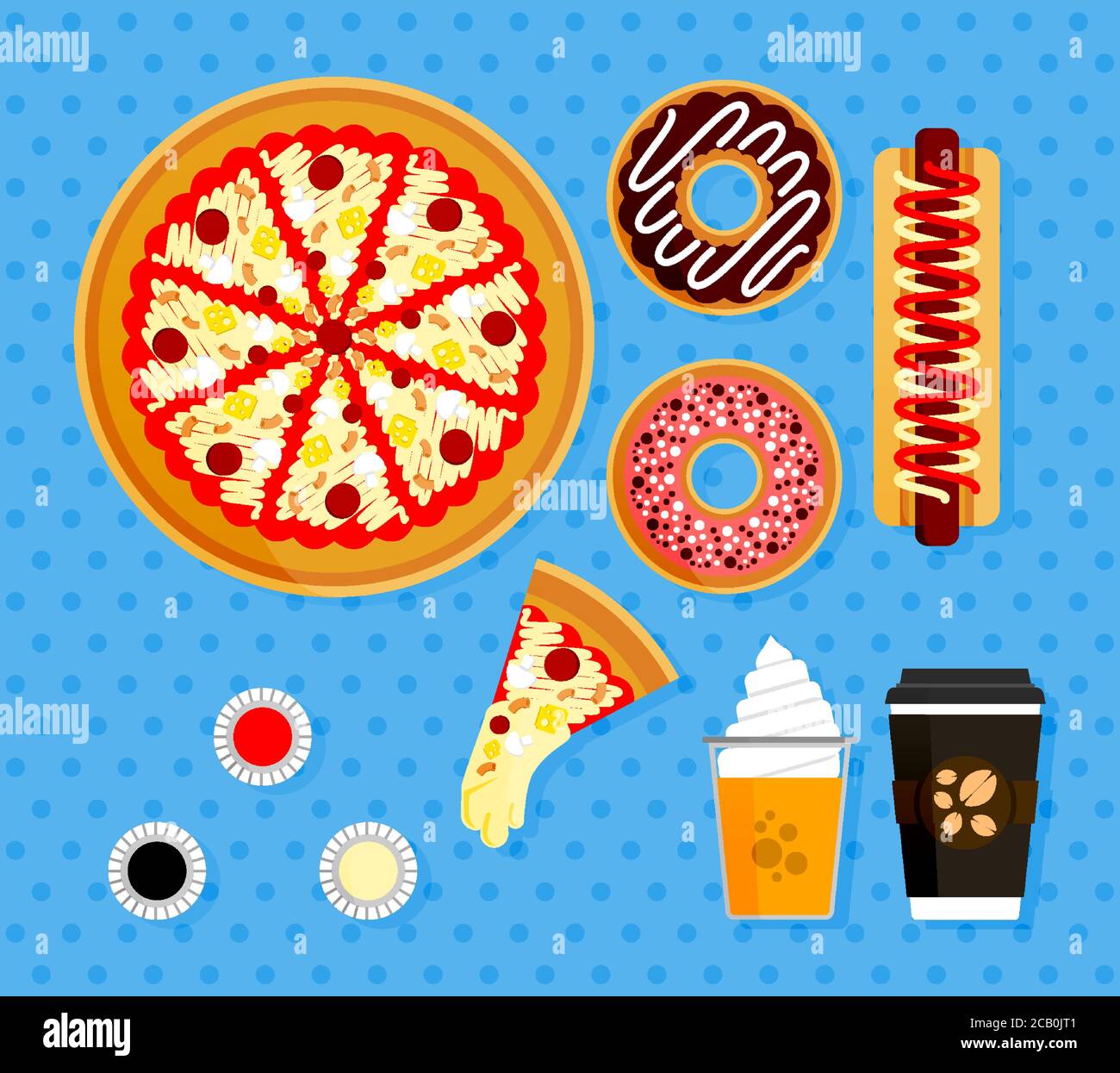 Illustration de commandes de pizzas dans les restaurants de restauration rapide américains. Affiche éléments de nourriture avec café chaud, jus d'orange et crème glacée flottante Illustration de Vecteur