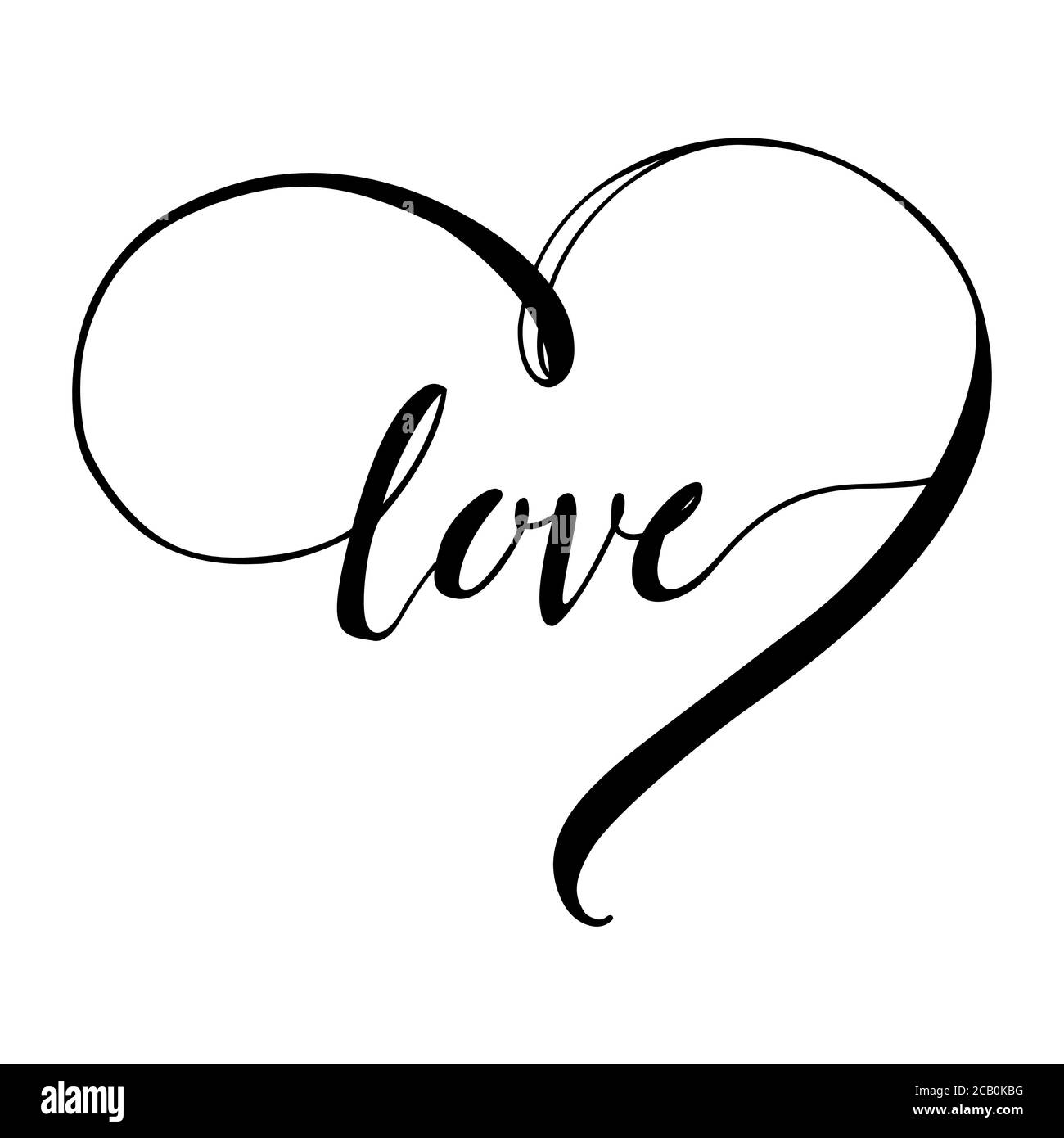 Typographie vectorielle à main levée. Lettres « love » en forme de coeur fabriquées en noir sur fond blanc. Design pour poster, carte de vœux, album photo. Illustration de Vecteur