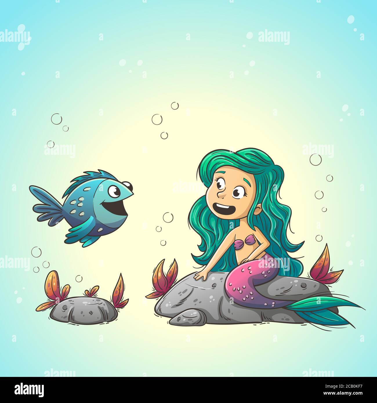 Petite sirène avec poisson. Illustration vectorielle dessinée à la main avec des calques séparés. Illustration de Vecteur