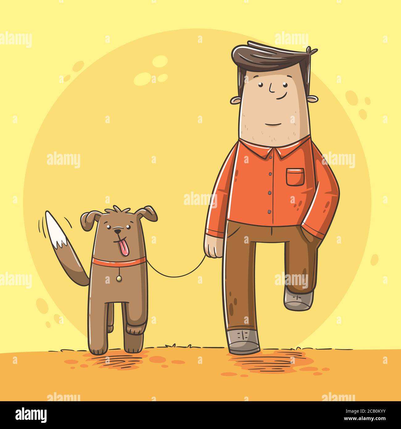 L'homme marche avec son chien. Illustration vectorielle dessinée à la main avec des calques séparés. Illustration de Vecteur