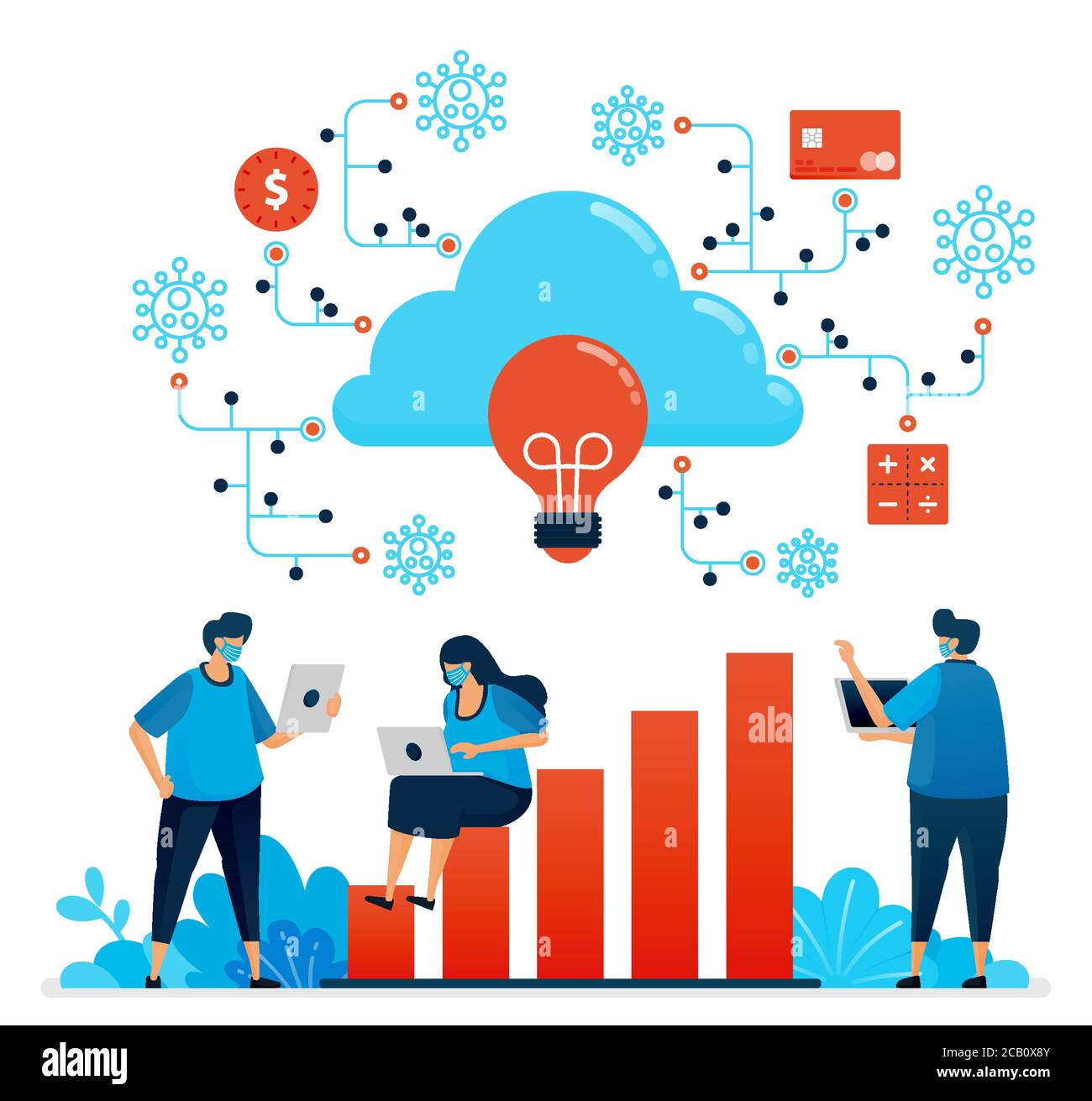 Illustration vectorielle du travail pendant la pandémie de Covid 19 avec le cloud computing. Nouveau réseau de sécurité financière normal. La conception peut être utilisée pour l'atterrissage pa Illustration de Vecteur