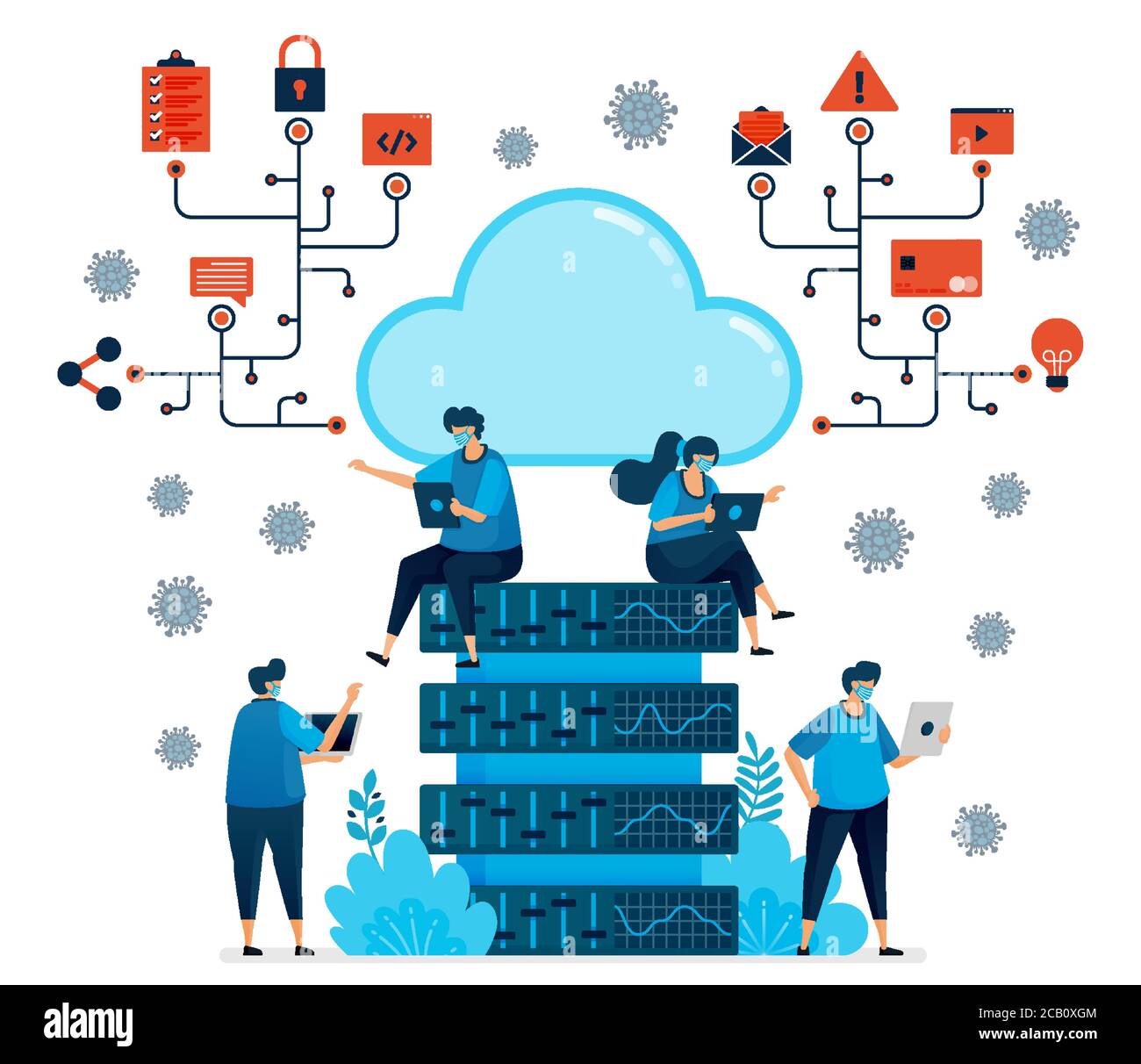 Illustration vectorielle de la plate-forme de cloud computing pour prendre en charge un nouveau travail normal. Technologie de base de données pour la pandémie de covid-19. La conception peut être utilisée pour la page d'arrivée, Illustration de Vecteur