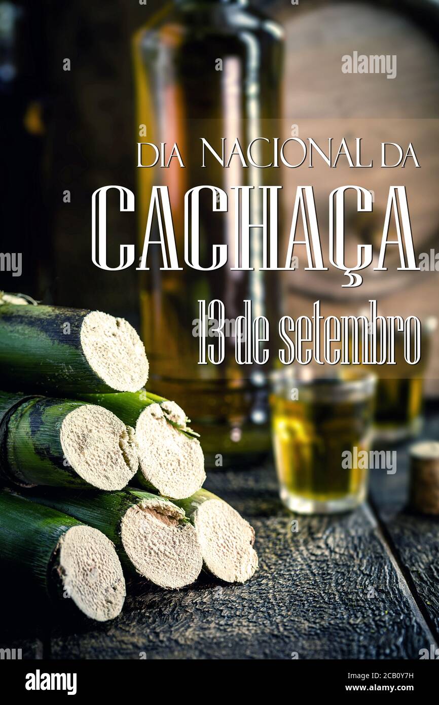 'cachaça', patrimoine culturel des boissons distillées du brésil, également appelé 'pinga', texte en portugais: 13 septembre journée nationale de cachaça Banque D'Images