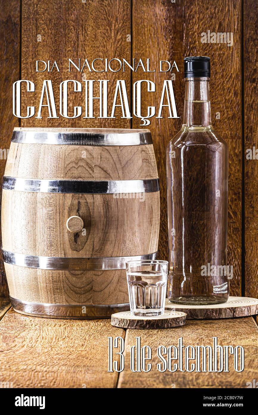 'cachaça', patrimoine culturel des boissons distillées du brésil, également appelé 'pinga', texte en portugais: 13 septembre journée nationale de cachaça Banque D'Images