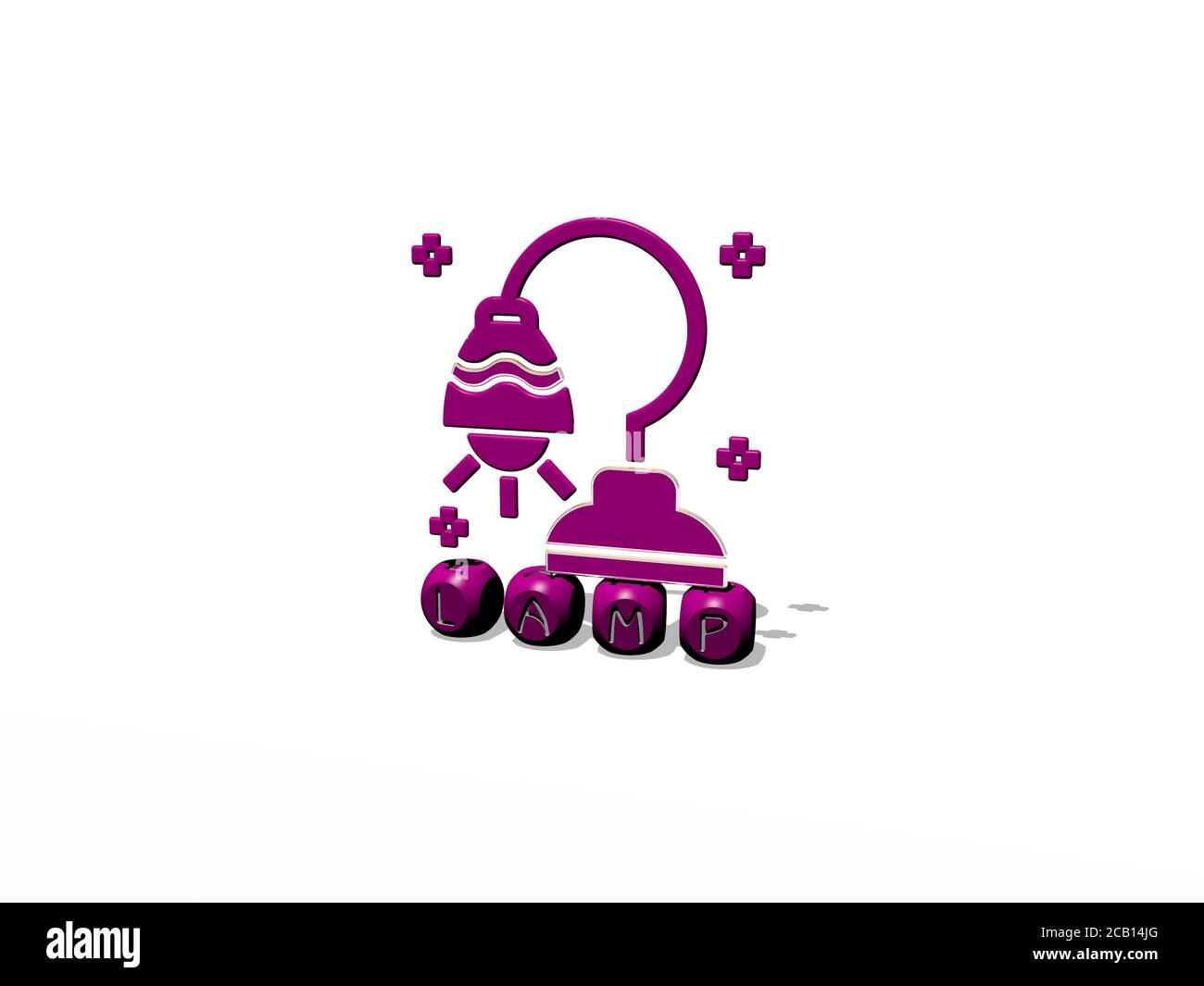 Lettres cubiques de lampe avec icône 3D en haut. Illustration 3D. Arrière-plan et lumière Banque D'Images