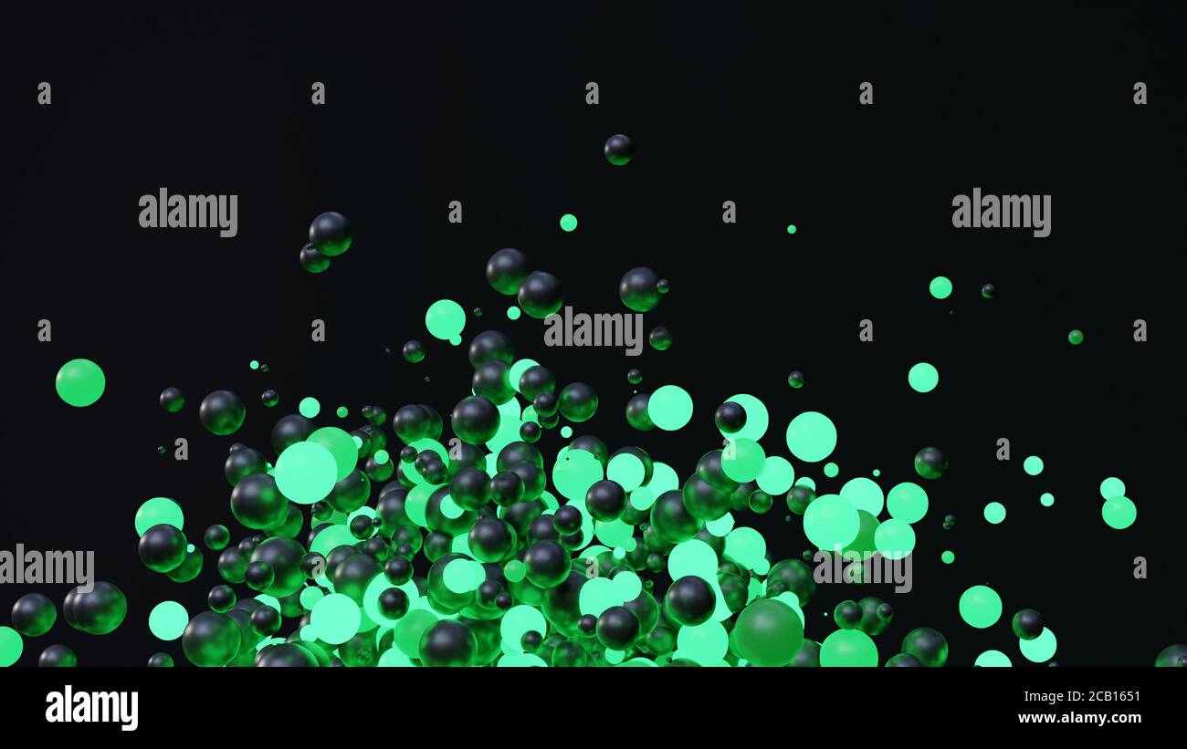 nuage 3d de sphères noires et vertes débordant de mouvement, illustration 3d Banque D'Images