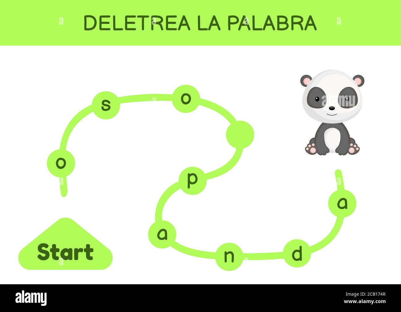 Deletrea la palabra - Spell le mot. Labyrinthe pour les enfants. Modèle de jeu de mots d'orthographe. Apprenez à lire le mot panda. Page d'activité pour l'étude en espagnol Illustration de Vecteur