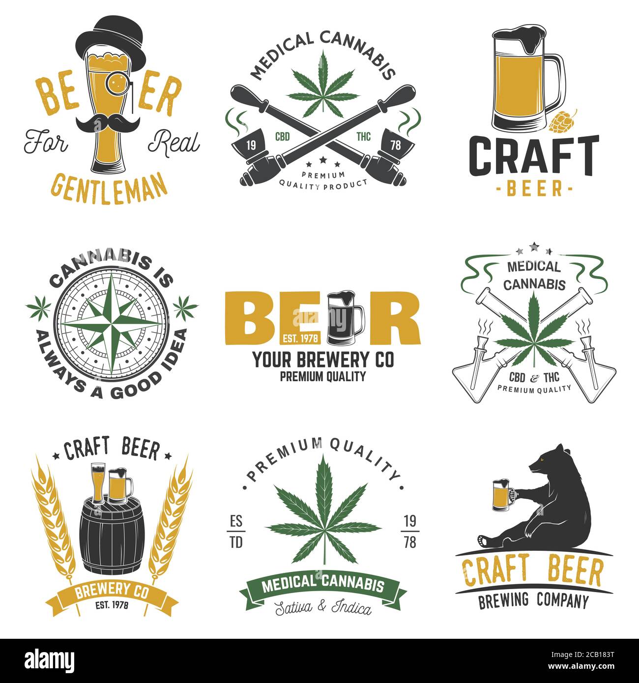 Lot de cannabis médical et badge de bière artisanale, étiquette avec crâne, main squelette, fumer de la marijuana. Vecteur. Pour le magasin de mauvaises herbes, livraison de marijuana, bar, pub Illustration de Vecteur