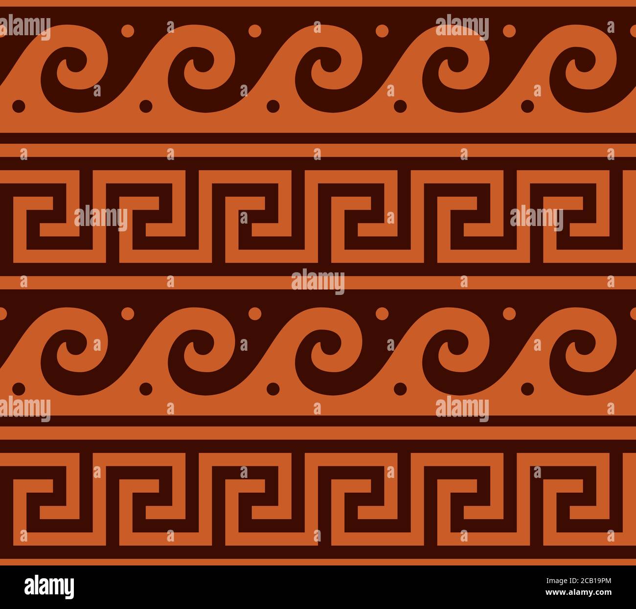 Motif grec vectoriel sans couture, vase antique vagues décoration en marron et orange Illustration de Vecteur