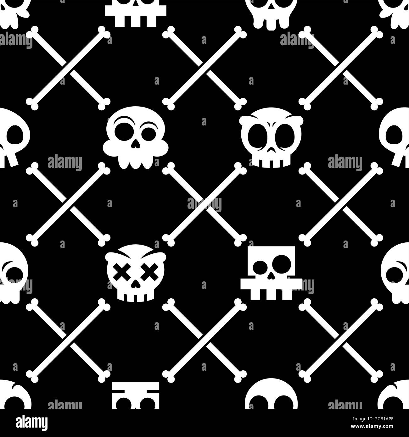 Halloween crâne vector sans coutures, Mexique cute crânes avec os design, Dia de los Muertos ornement blanc sur fond noir Illustration de Vecteur