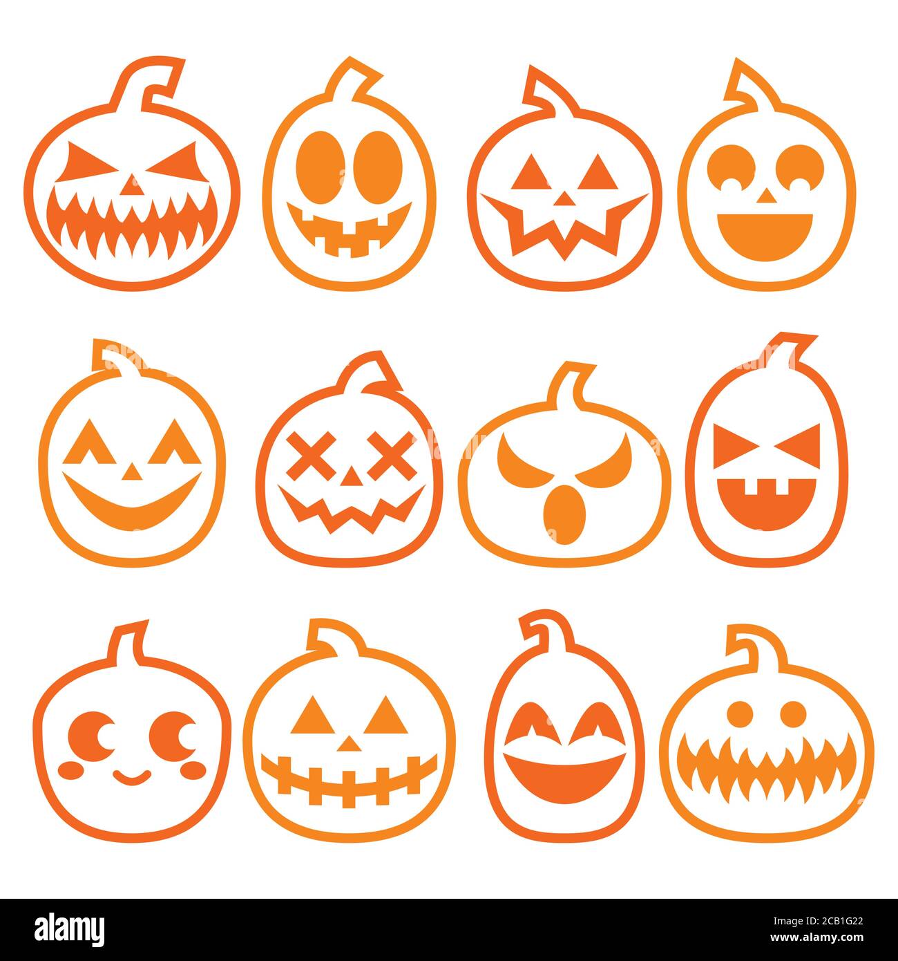 Halloween Pumpkins Vector Icon Set, Halloween effrayant visages design collection, coup de citrouille décoration en orange sur fond blanc Illustration de Vecteur