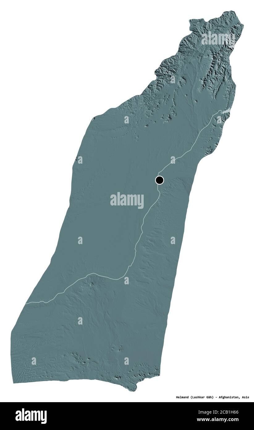 Forme de Helmand, province d'Afghanistan, avec sa capitale isolée sur fond blanc. Carte d'altitude en couleur. Rendu 3D Banque D'Images