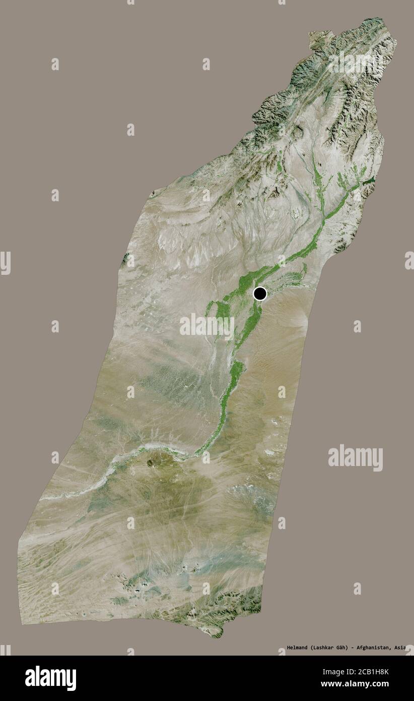 Forme de Helmand, province d'Afghanistan, avec sa capitale isolée sur un fond de couleur unie. Imagerie satellite. Rendu 3D Banque D'Images