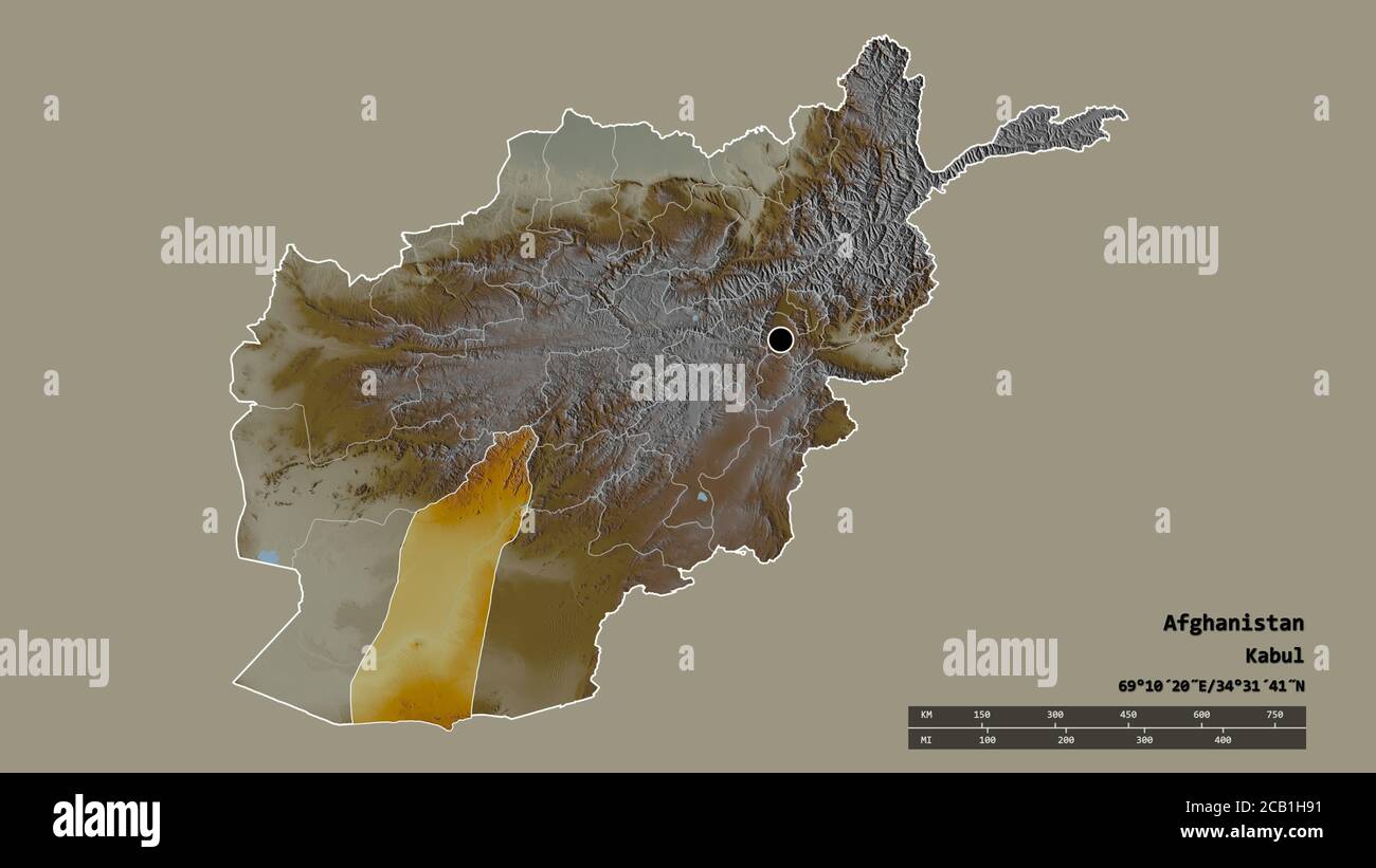 La forme désaturée de l'Afghanistan avec sa capitale, sa principale division régionale et la région séparée de Helmand. Étiquettes. Carte topographique de relief. Rendu 3D Banque D'Images