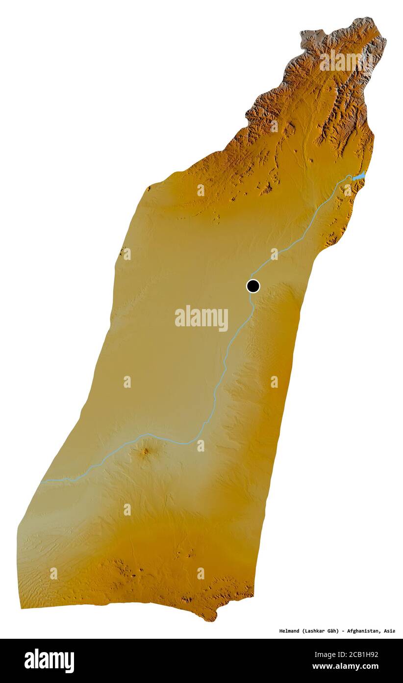 Forme de Helmand, province d'Afghanistan, avec sa capitale isolée sur fond blanc. Carte topographique de relief. Rendu 3D Banque D'Images