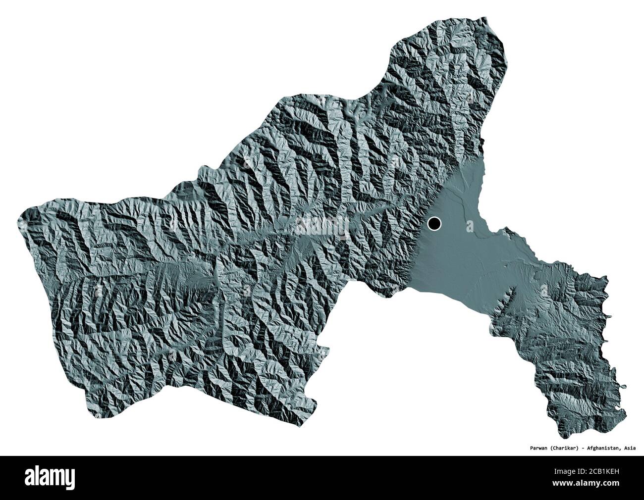 Forme de Parwan, province d'Afghanistan, avec sa capitale isolée sur fond blanc. Carte d'altitude en couleur. Rendu 3D Banque D'Images