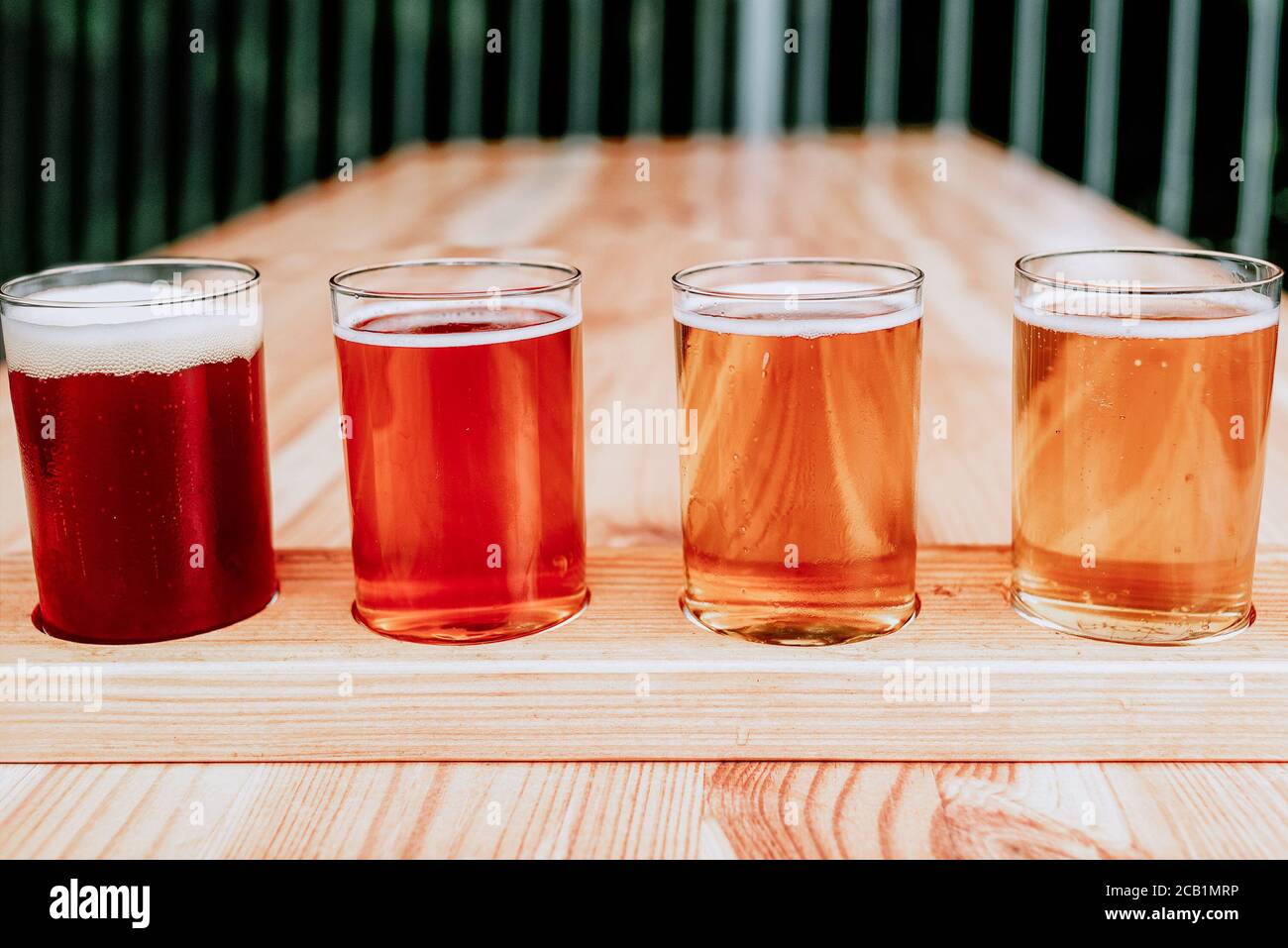Dégustation de bière. Diferent de la bière dans 100 ml glases sur table en bois. Banque D'Images