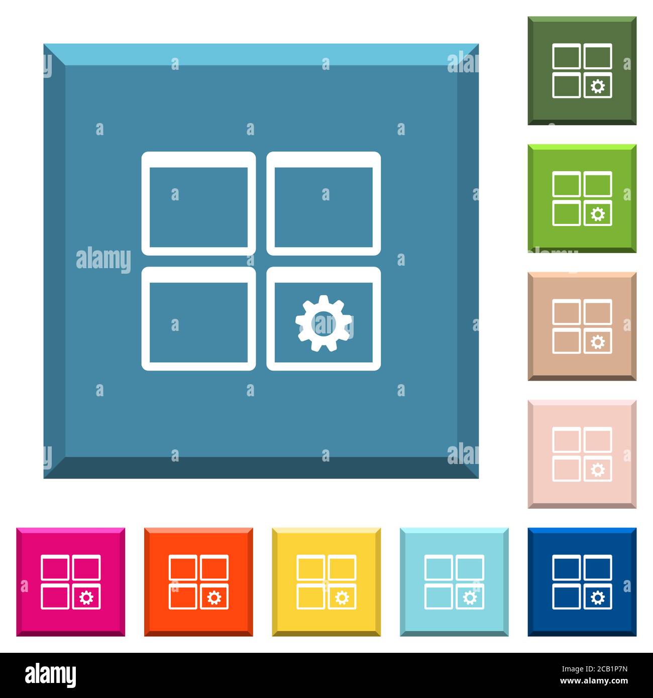 Paramètres du tableau de bord icônes blanches sur les boutons carrés avec bordures dans différentes couleurs tendance Illustration de Vecteur