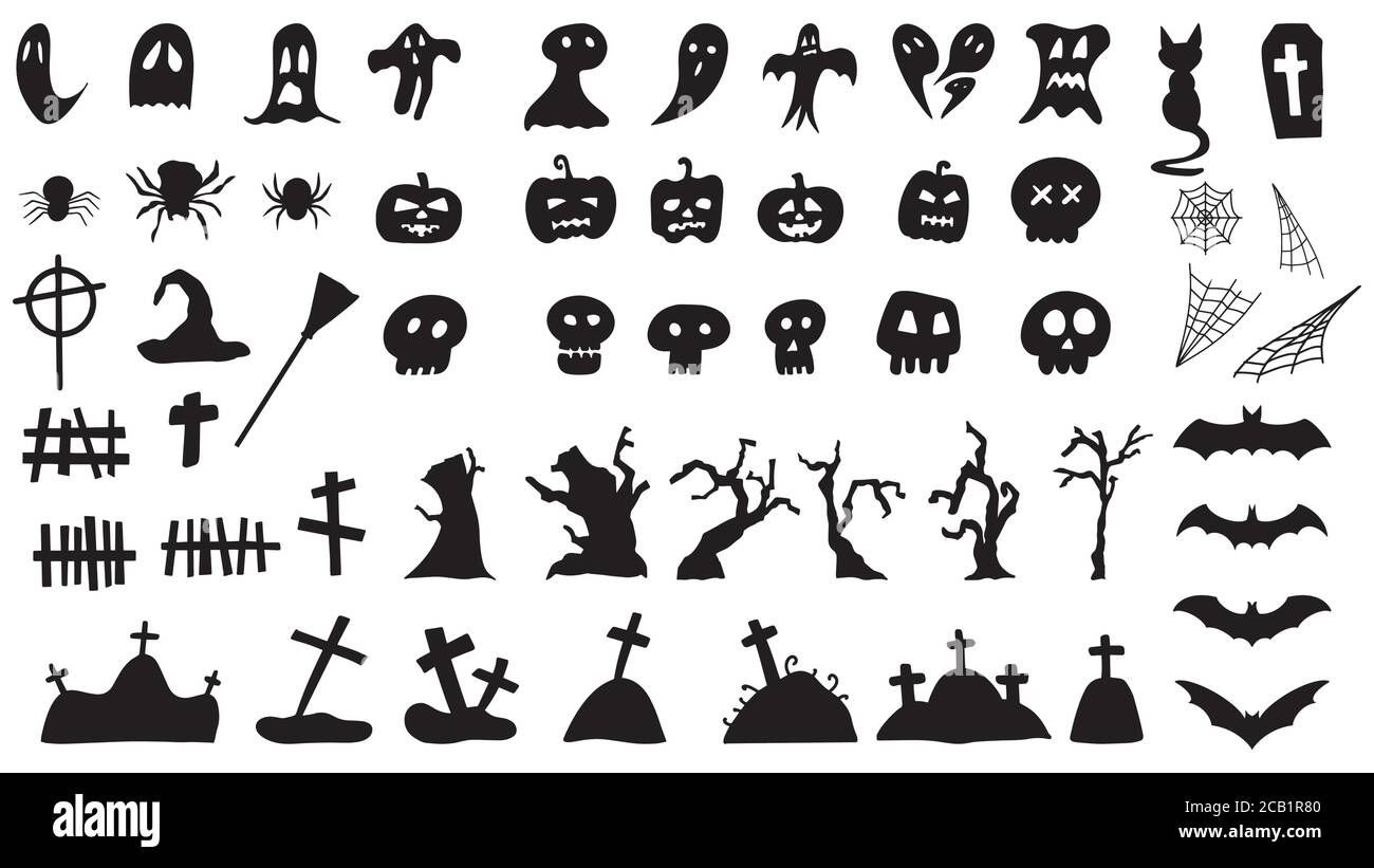 Ensemble de silhouettes Collection Halloween sur fond blanc. Illustration vectorielle, silhouettes halloween icônes et caractères Illustration de Vecteur