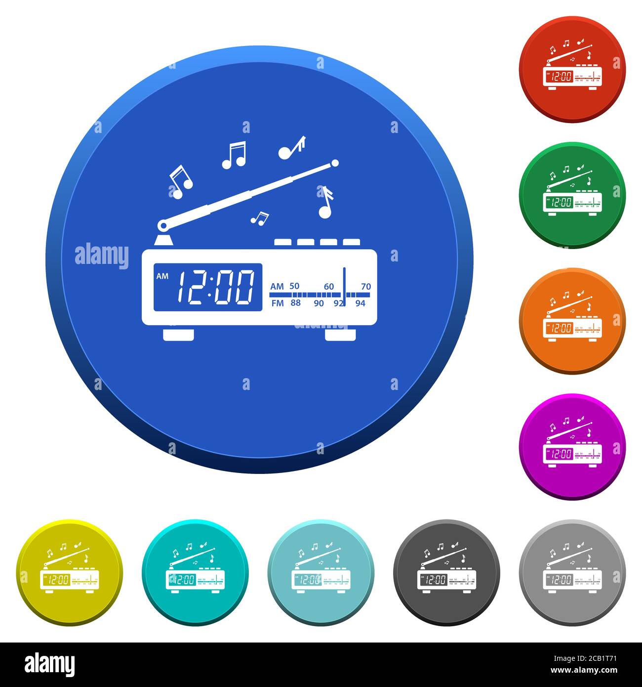 Radio-réveil vintage avec boutons biseautés de couleur ronde avec musique surfaces lisses et icônes blanches plates Illustration de Vecteur