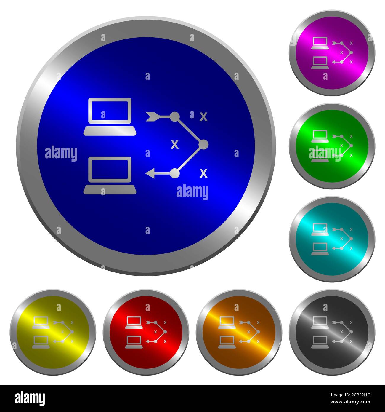 Traceroute icônes de l'ordinateur distant sur une pièce ronde lumineuse de couleur comme l'acier boutons Illustration de Vecteur