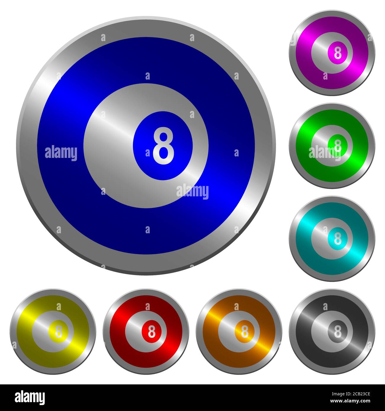 Huit icônes de boule de billard noires sur une couleur circulaire lumineuse semblable à une pièce boutons en acier Illustration de Vecteur