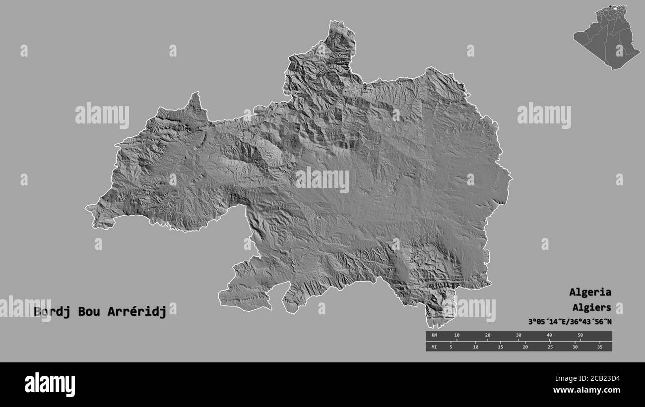 Forme de Bordj Bou Arréridj, province d'Algérie, avec sa capitale isolée sur fond solide. Échelle de distance, aperçu de la région et libellés. Elec. BiLevel Banque D'Images