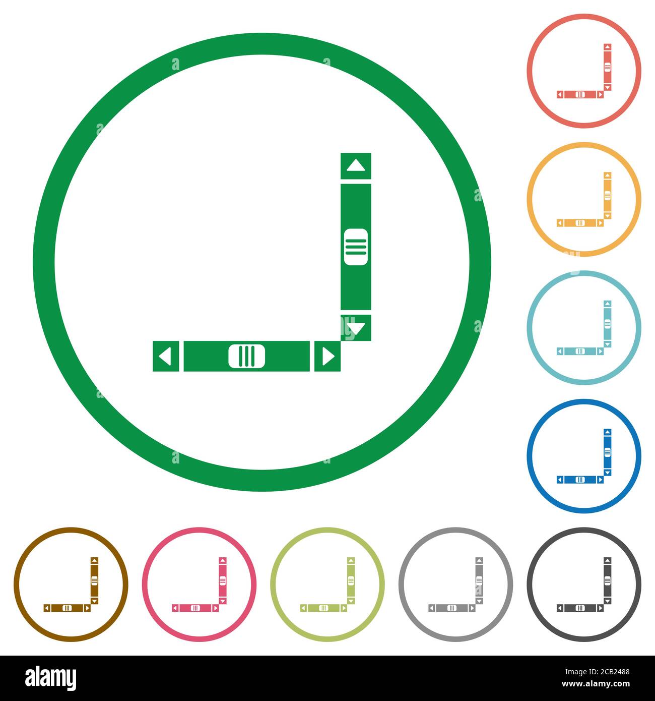 Les barres de défilement verticales et horizontales affichent des icônes de couleur plate en forme de cercle contours sur fond blanc Illustration de Vecteur