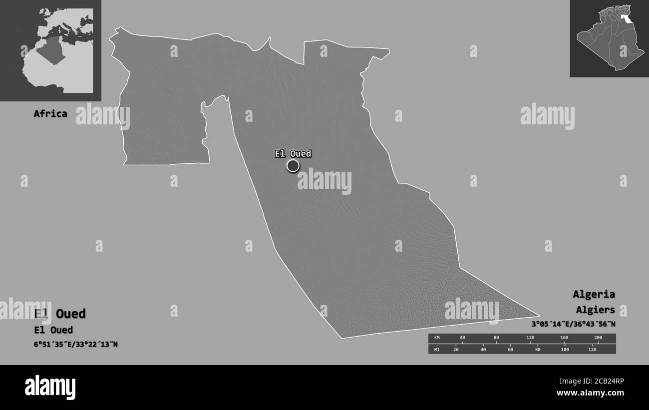 Forme d'El Oued, province d'Algérie, et de sa capitale. Echelle de distance, aperçus et étiquettes. Carte d'élévation à deux niveaux. Rendu 3D Banque D'Images