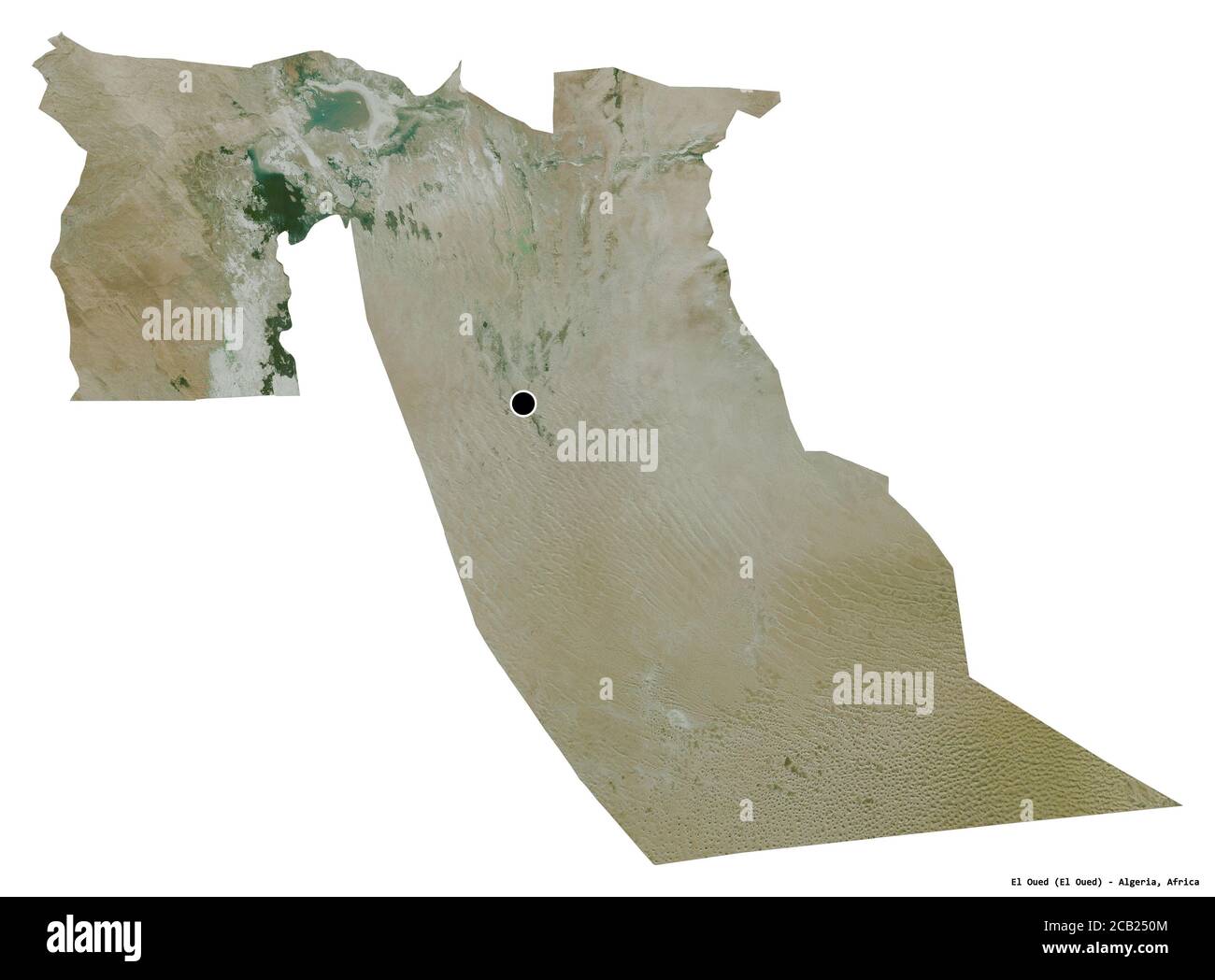 Forme d'El Oued, province d'Algérie, avec sa capitale isolée sur fond blanc. Imagerie satellite. Rendu 3D Banque D'Images