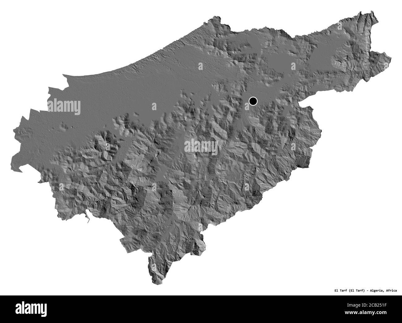 Forme d'El Tarf, province d'Algérie, avec sa capitale isolée sur fond blanc. Carte d'élévation à deux niveaux. Rendu 3D Banque D'Images