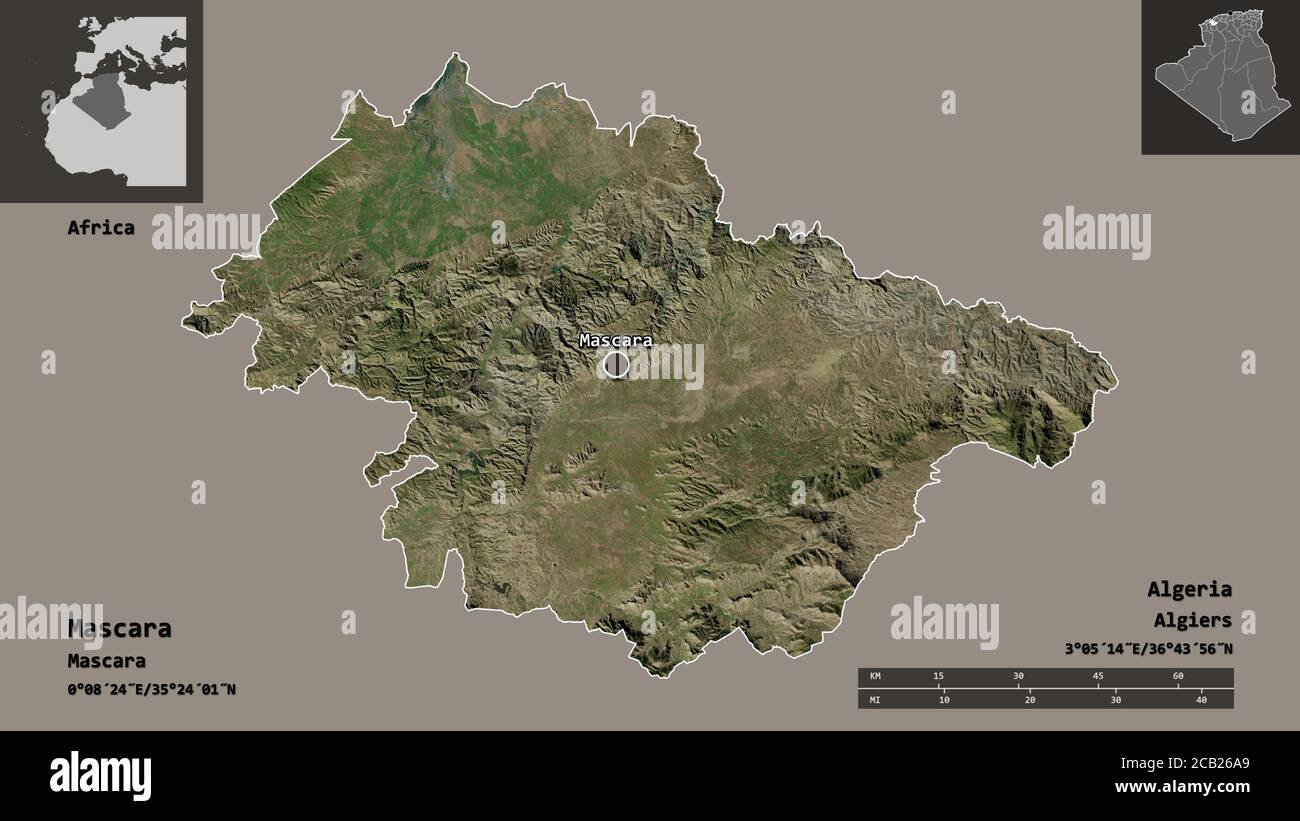 Forme de Mascara, province d'Algérie, et sa capitale. Echelle de distance,  aperçus et étiquettes. Imagerie satellite. Rendu 3D Photo Stock - Alamy