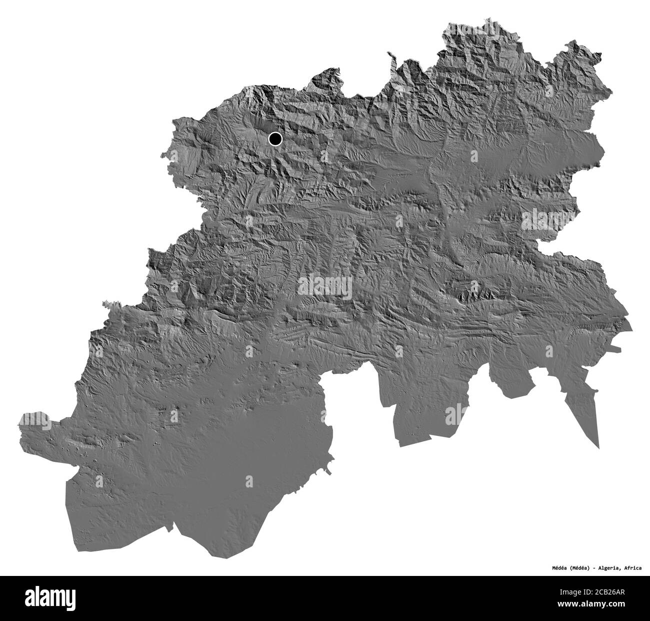 Forme de Médéa, province d'Algérie, avec sa capitale isolée sur fond blanc. Carte d'élévation à deux niveaux. Rendu 3D Banque D'Images