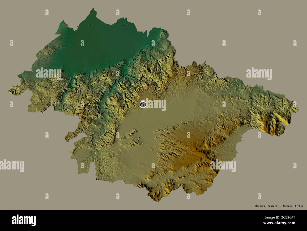 Forme de Mascara, province d'Algérie, avec sa capitale isolée sur un fond  de couleur unie. Carte topographique de relief. Rendu 3D Photo Stock - Alamy