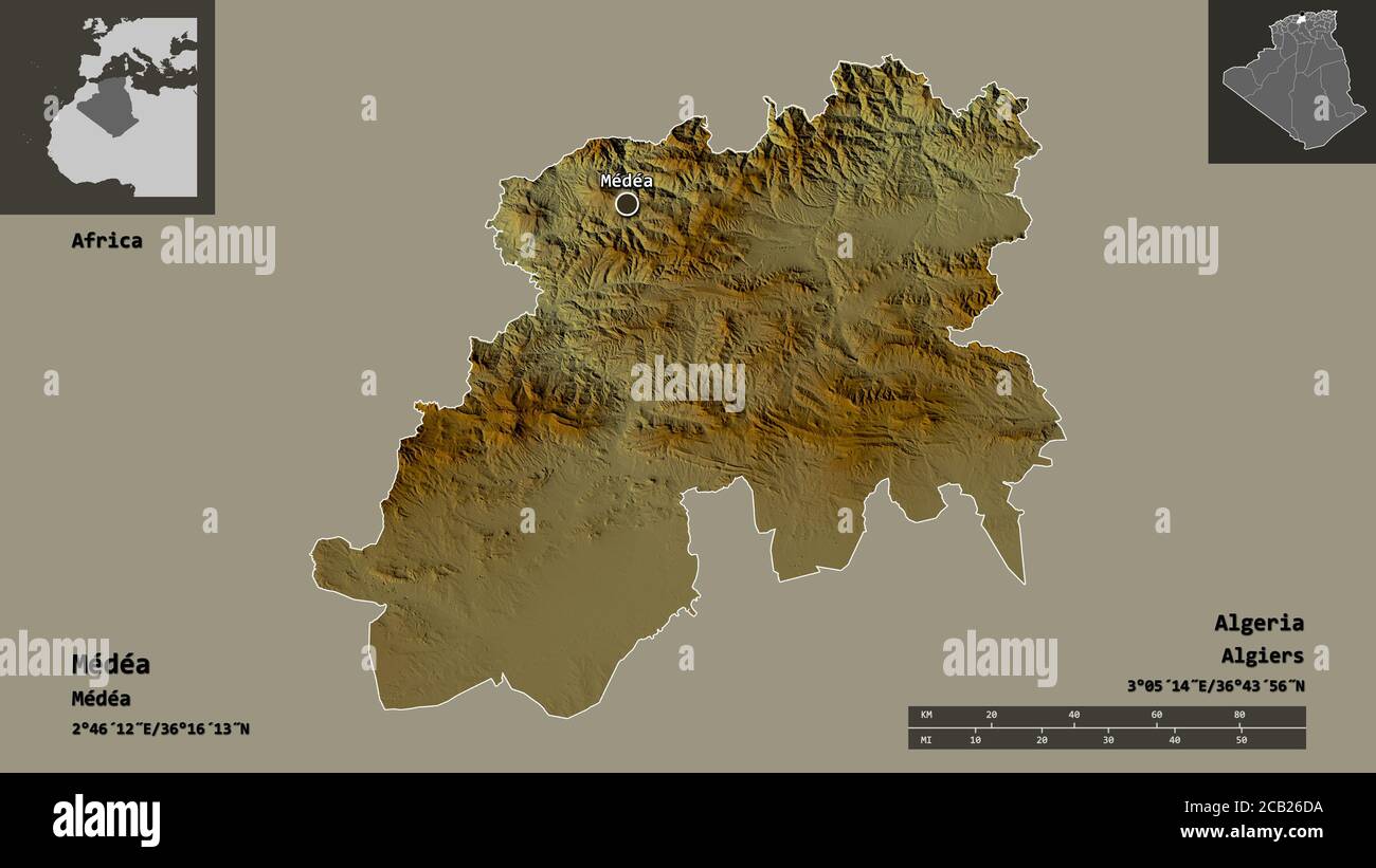 Forme de Médéa, province d'Algérie, et sa capitale. Echelle de distance, aperçus et étiquettes. Carte topographique de relief. Rendu 3D Banque D'Images