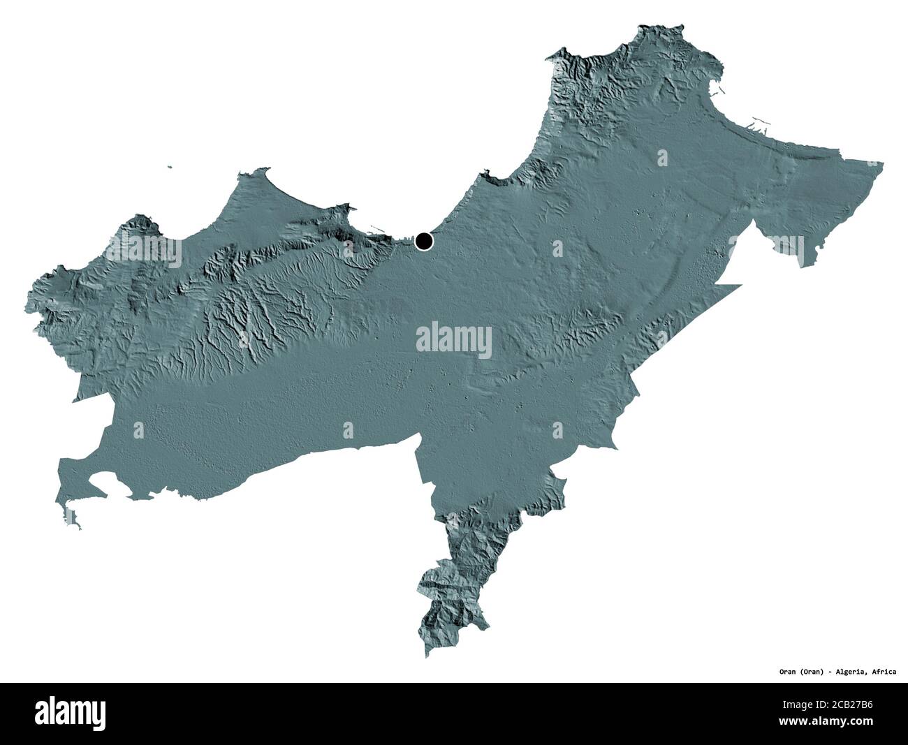 Forme d'Oran, province d'Algérie, avec sa capitale isolée sur fond blanc. Carte d'altitude en couleur. Rendu 3D Banque D'Images