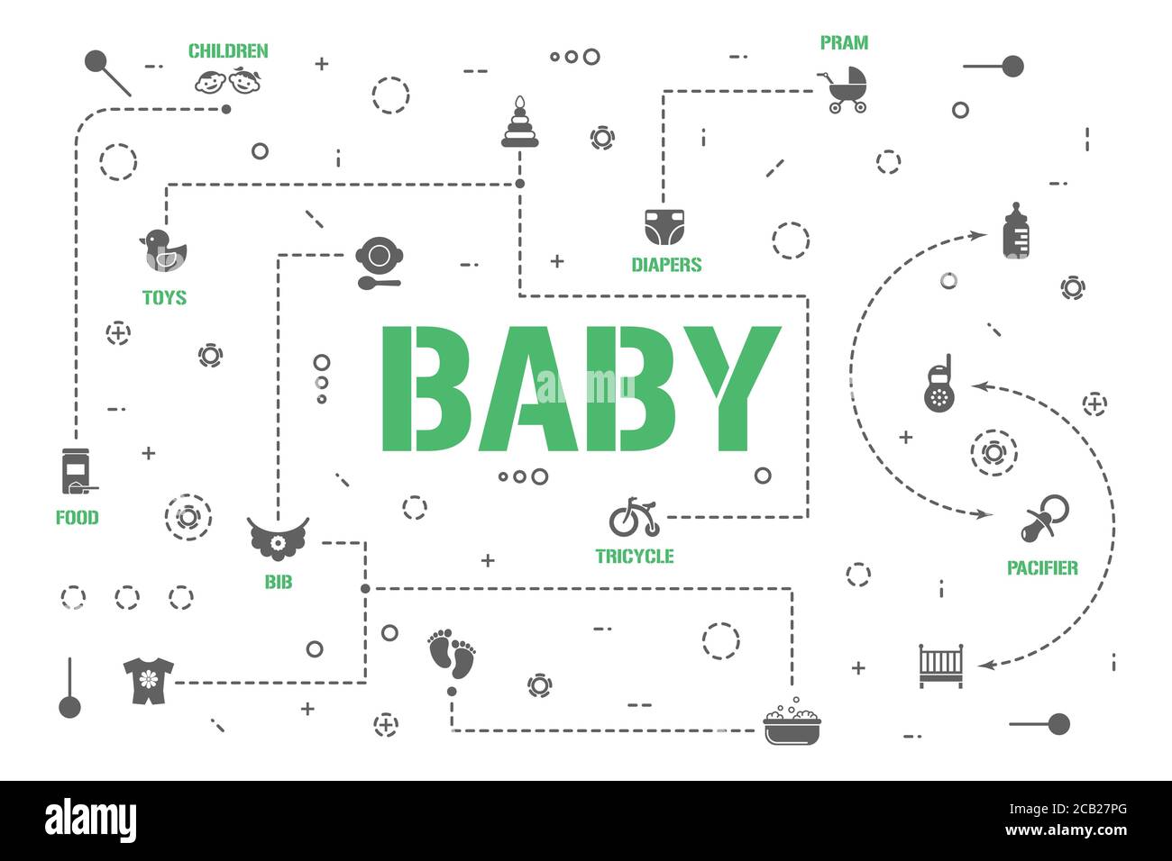 Bannière de concepts de mot de soin de bébé. Enfants équipement pour bébés. Infographies sur la garde d'enfants. Présentation, site Web. Idée UI UX. Typographe lettrage isolé Illustration de Vecteur